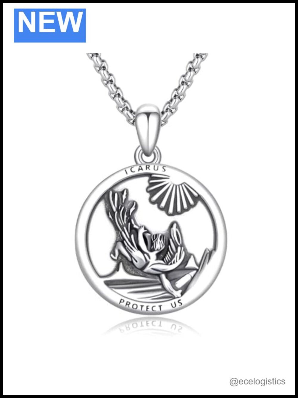 925 Sterling Silver Icarus Amulet Pendant Necklace Stainless Steel Chain